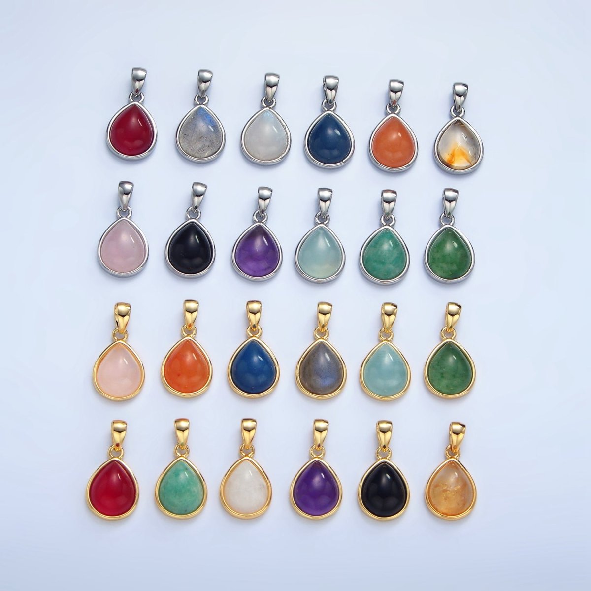 24K Gold Filled Natural Gemstone Teardrop Bezel Pendant in Gold & Silver | AA953 - AA964