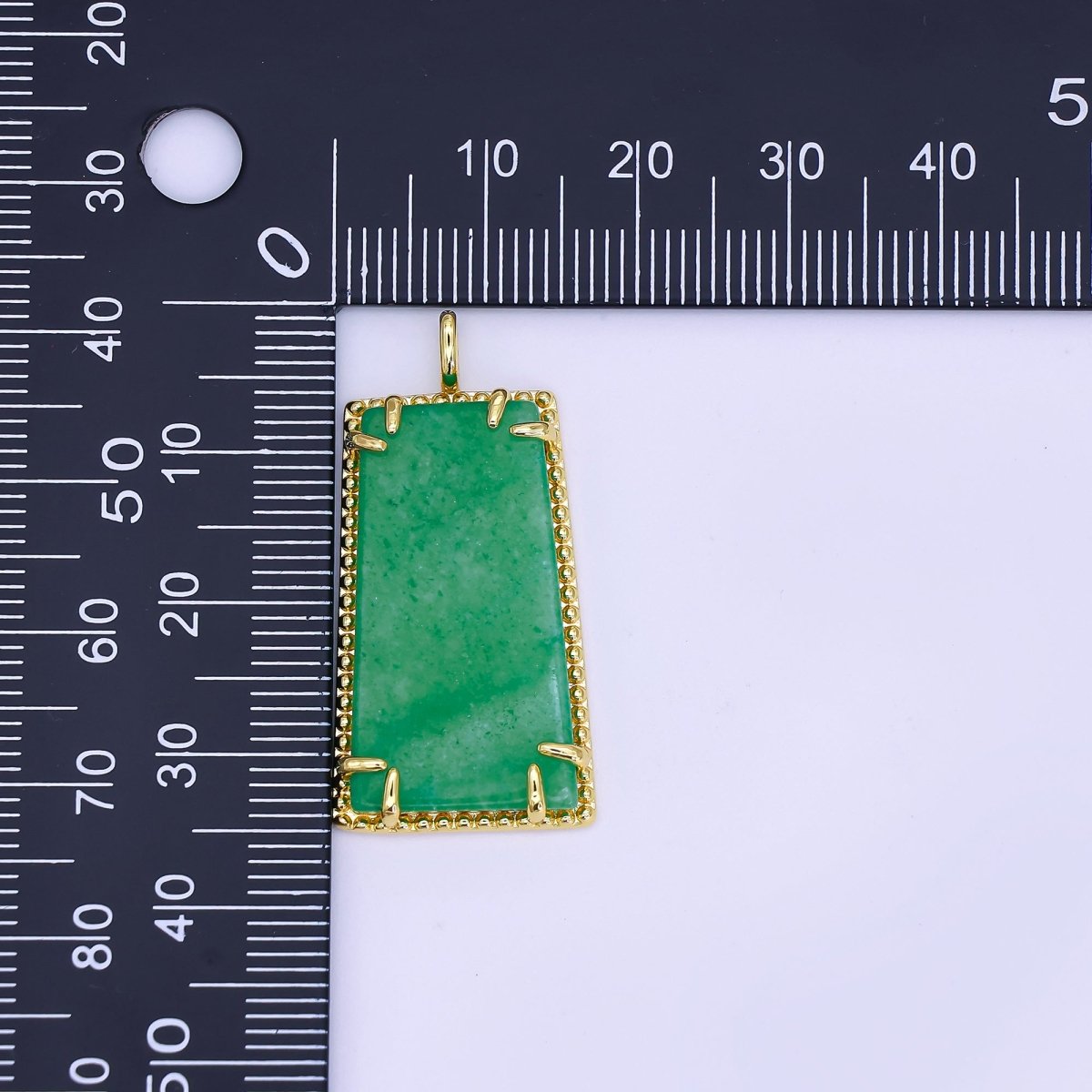 24K Gold Filled Natural Green Jade Rectangular Dotted Bezel Drop Pendant | AH481 - DLUXCA