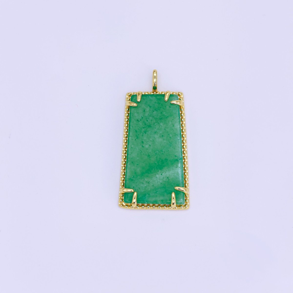24K Gold Filled Natural Green Jade Rectangular Dotted Bezel Drop Pendant | AH481 - DLUXCA