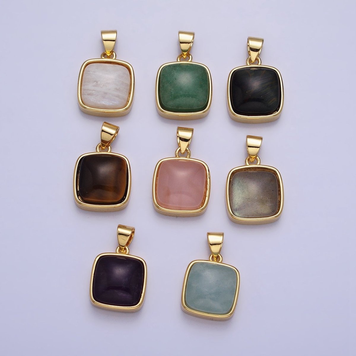 24K Gold Filled Natural Stone Amethyst, Labradorite, Moonstone, Tiger Eye, Amazonite, Aventurine, Rose Quartz, Blue Tiger Eye Square Pendant with CZ Stone | AA183 AA332 - AA338