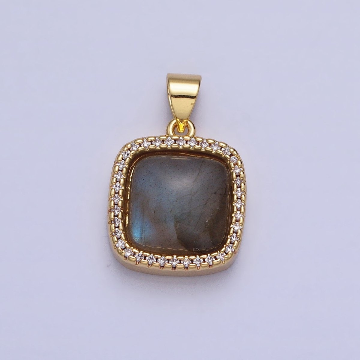 24K Gold Filled Natural Stone Labradorite, Rose Quartz, Amethyst, Amazonite, Aventurine Tiger Eye Square Pendant with CZ Stone | AA262 - AA269