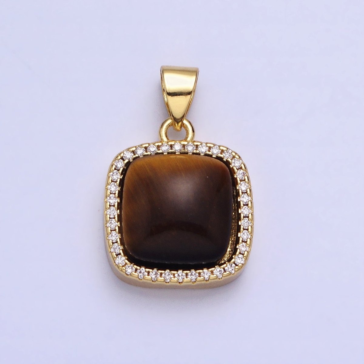 24K Gold Filled Natural Stone Labradorite, Rose Quartz, Amethyst, Amazonite, Aventurine Tiger Eye Square Pendant with CZ Stone | AA262 - AA269