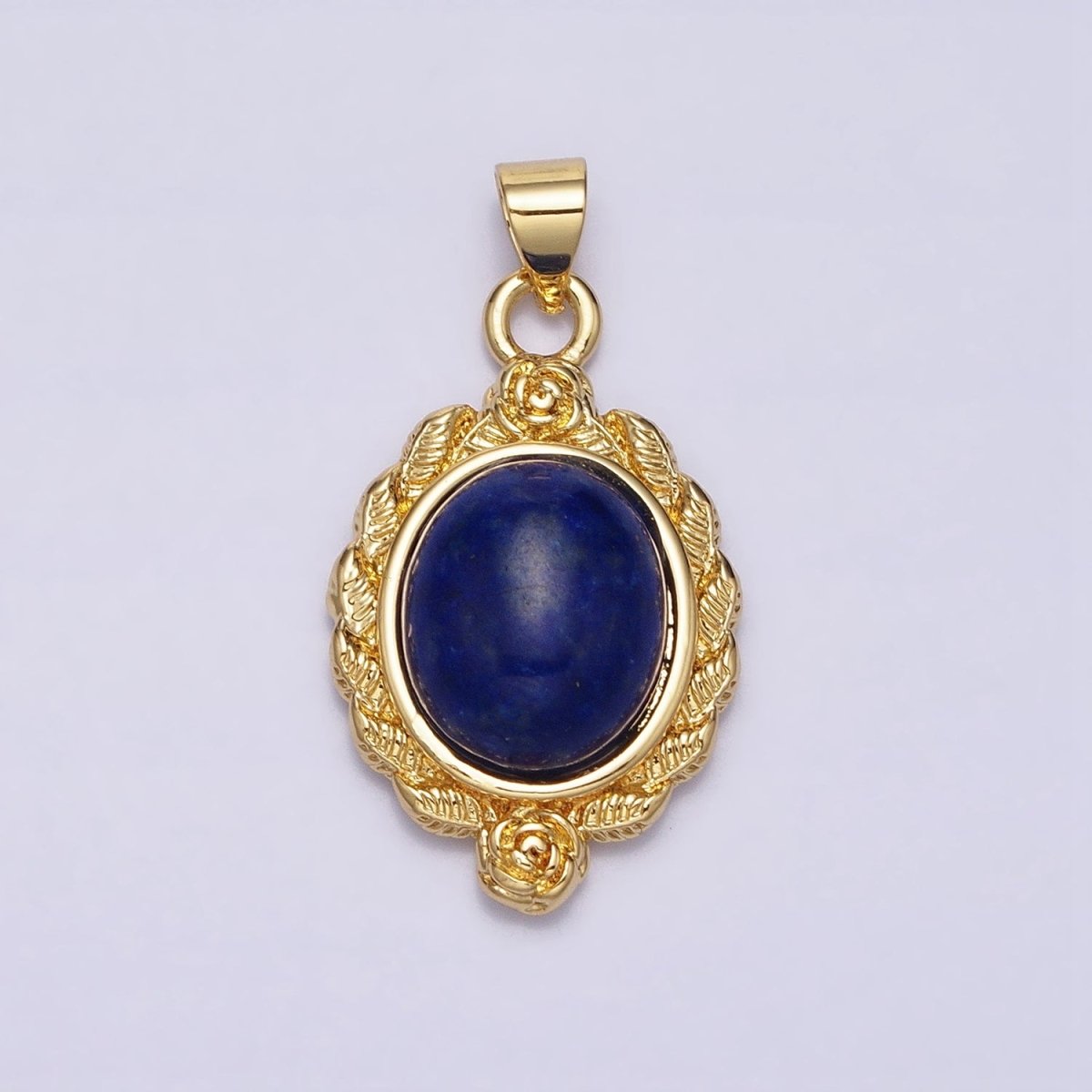 24k Gold Filled Natural Stone Lapiz Lazuli, Malachite Charms, Gold Oval Cabochon Pendant with Flower Frame AA286 AA287