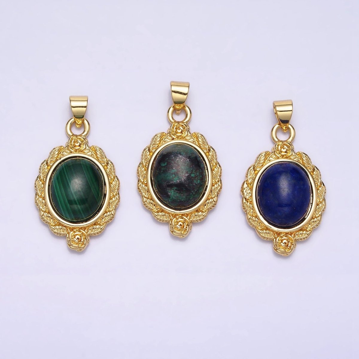 24k Gold Filled Natural Stone Lapiz Lazuli, Malachite Charms, Gold Oval Cabochon Pendant with Flower Frame AA286 AA287
