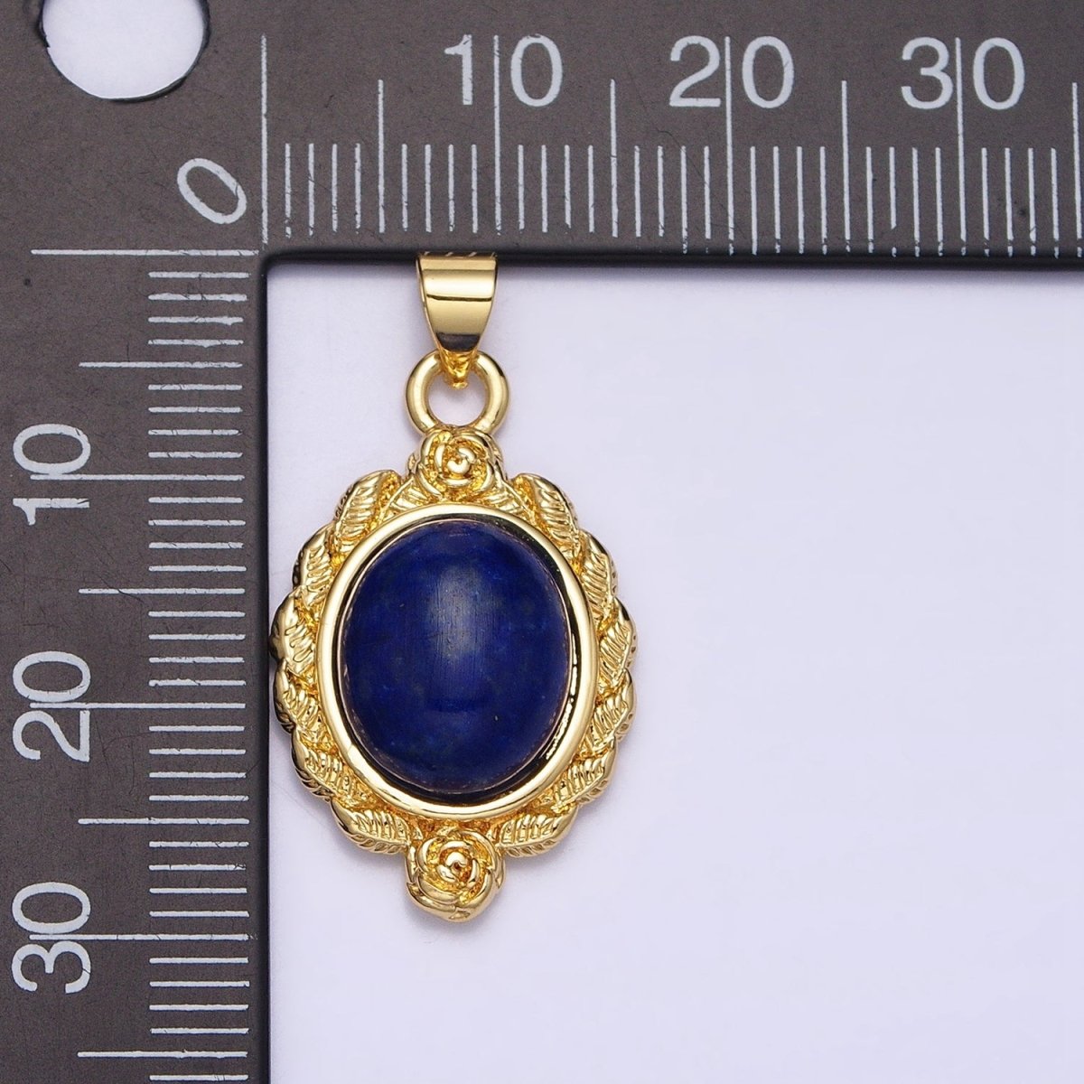 24k Gold Filled Natural Stone Lapiz Lazuli, Malachite Charms, Gold Oval Cabochon Pendant with Flower Frame AA286 AA287