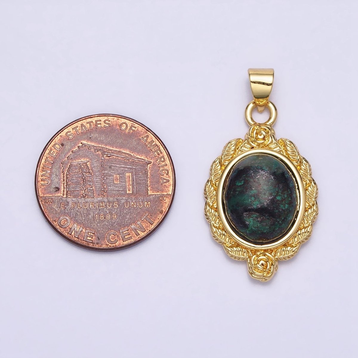 24k Gold Filled Natural Stone Lapiz Lazuli, Malachite Charms, Gold Oval Cabochon Pendant with Flower Frame AA286 AA287
