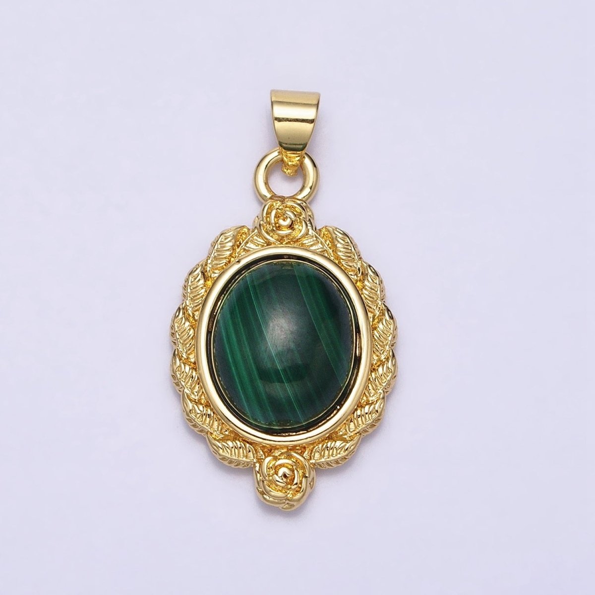 24k Gold Filled Natural Stone Lapiz Lazuli, Malachite Charms, Gold Oval Cabochon Pendant with Flower Frame AA286 AA287