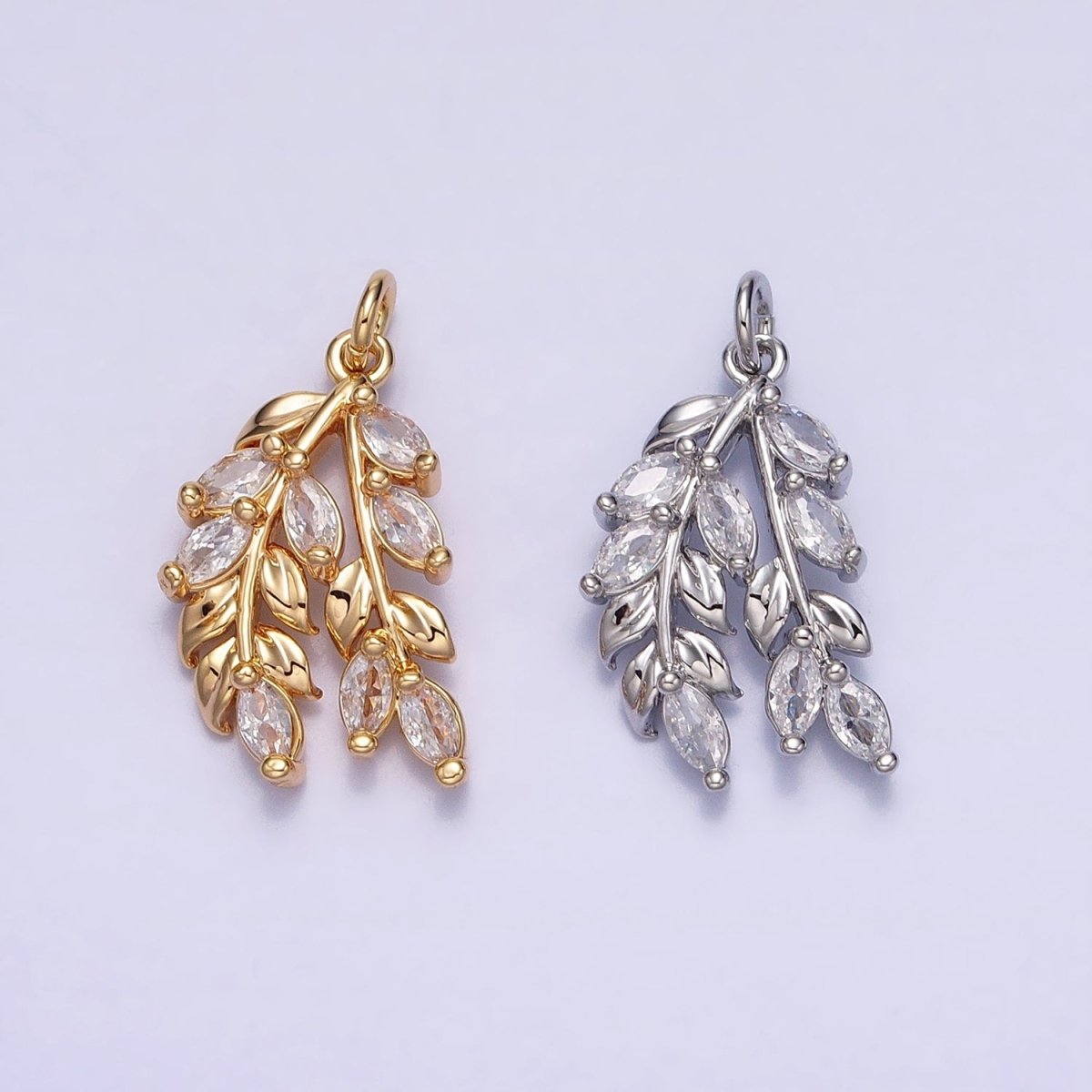 24K Gold Filled Nature Double Marquise Clear Olive Leaf Plant Add-On Charm | AC602 AC625