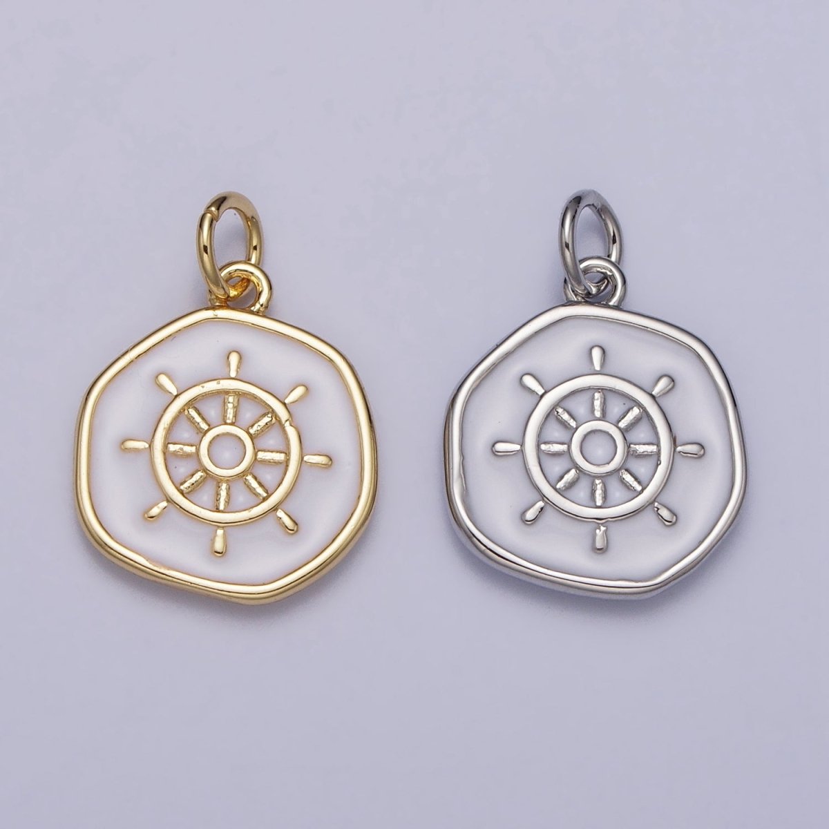 24K Gold Filled Nautical Boat Steering Wheel Helm Round Charm in Gold & Silver N-745 AC-326