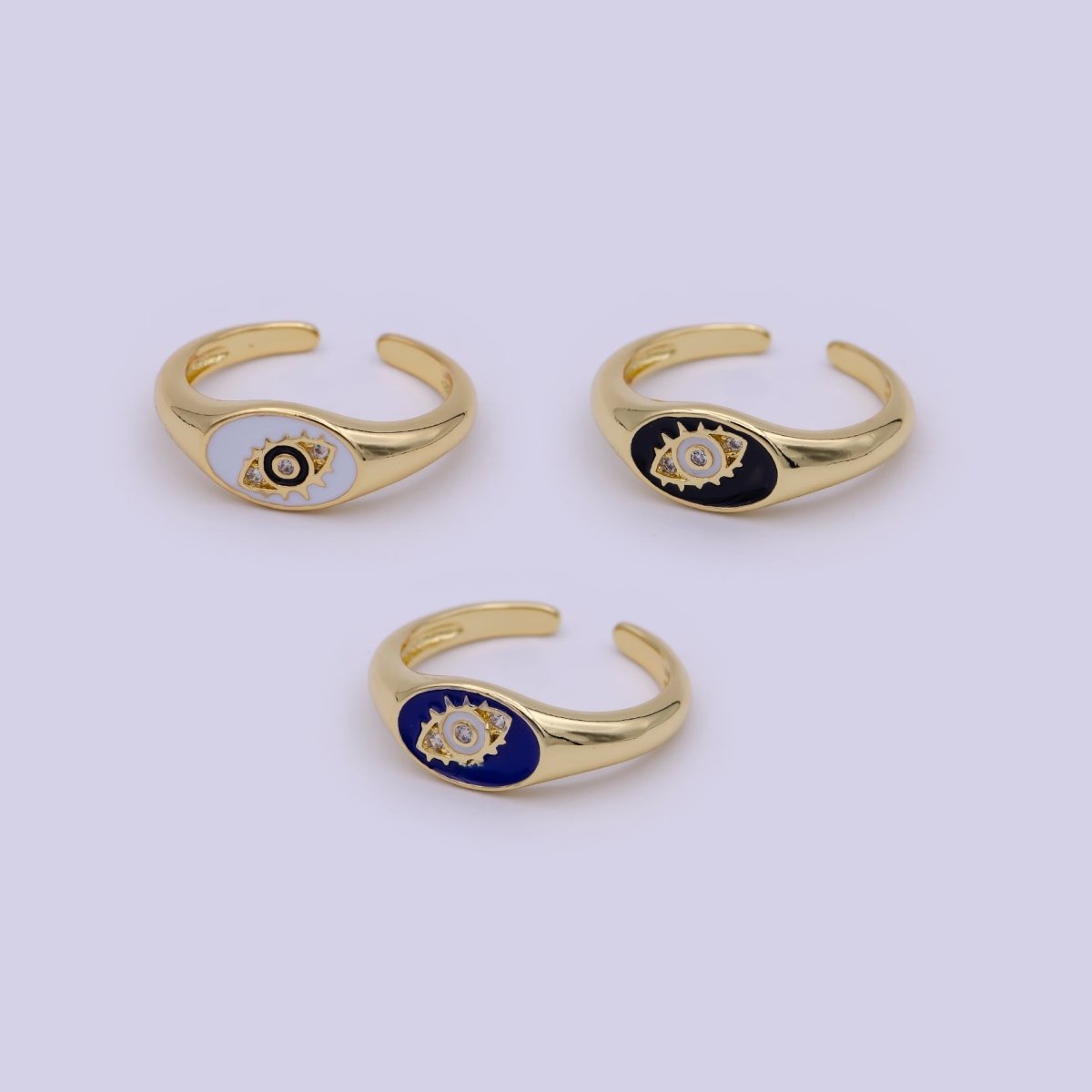 24K Gold Filled Navy Blue, White, Black Enamel Evil Eye CZ Crystal Zirconia Adjustable Stacking Ring | U-401-U-403
