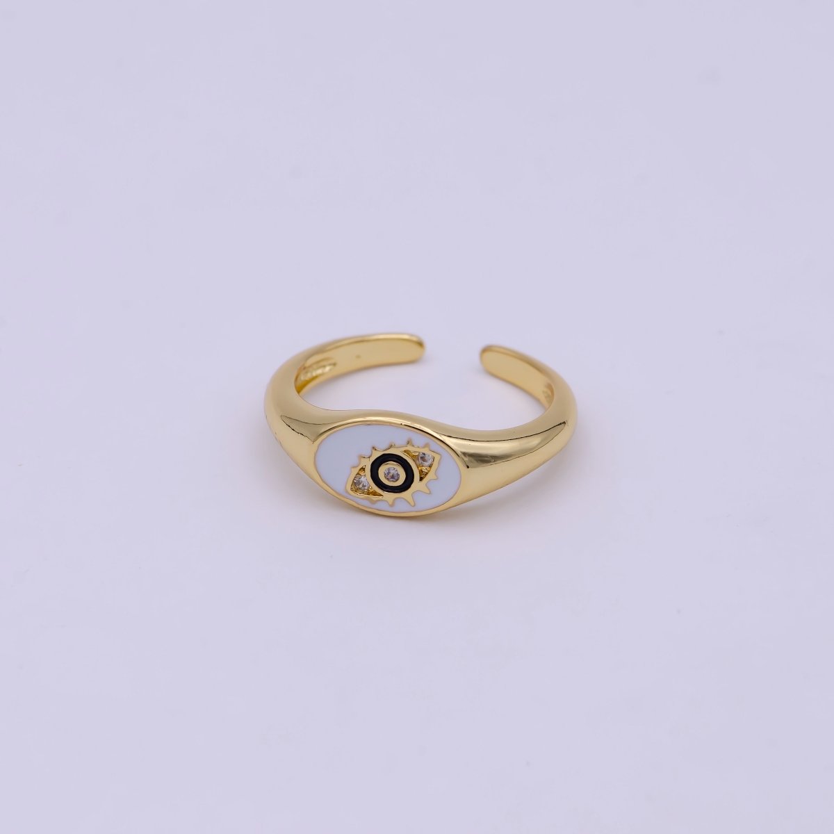 24K Gold Filled Navy Blue, White, Black Enamel Evil Eye CZ Crystal Zirconia Adjustable Stacking Ring | U-401-U-403