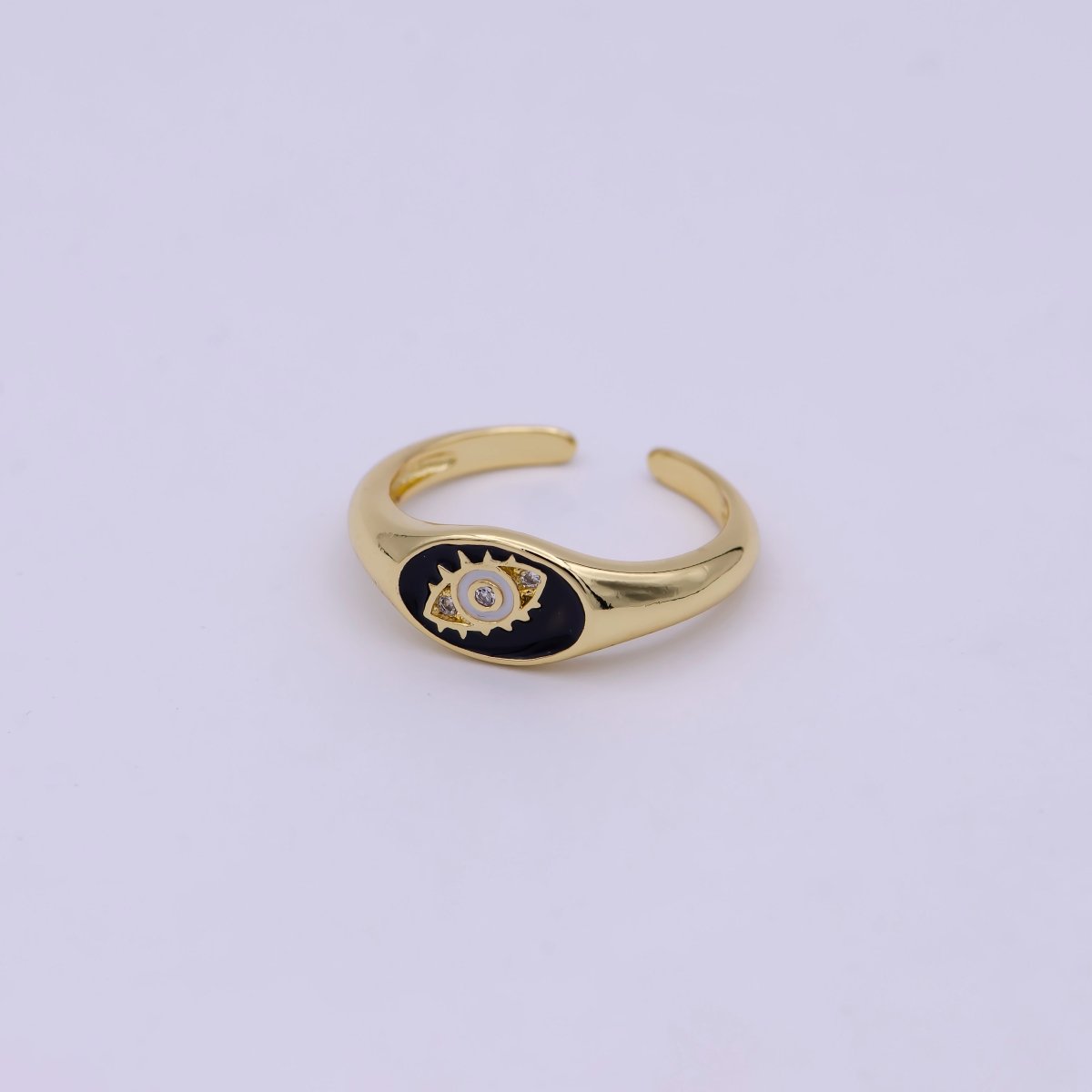 24K Gold Filled Navy Blue, White, Black Enamel Evil Eye CZ Crystal Zirconia Adjustable Stacking Ring | U-401-U-403