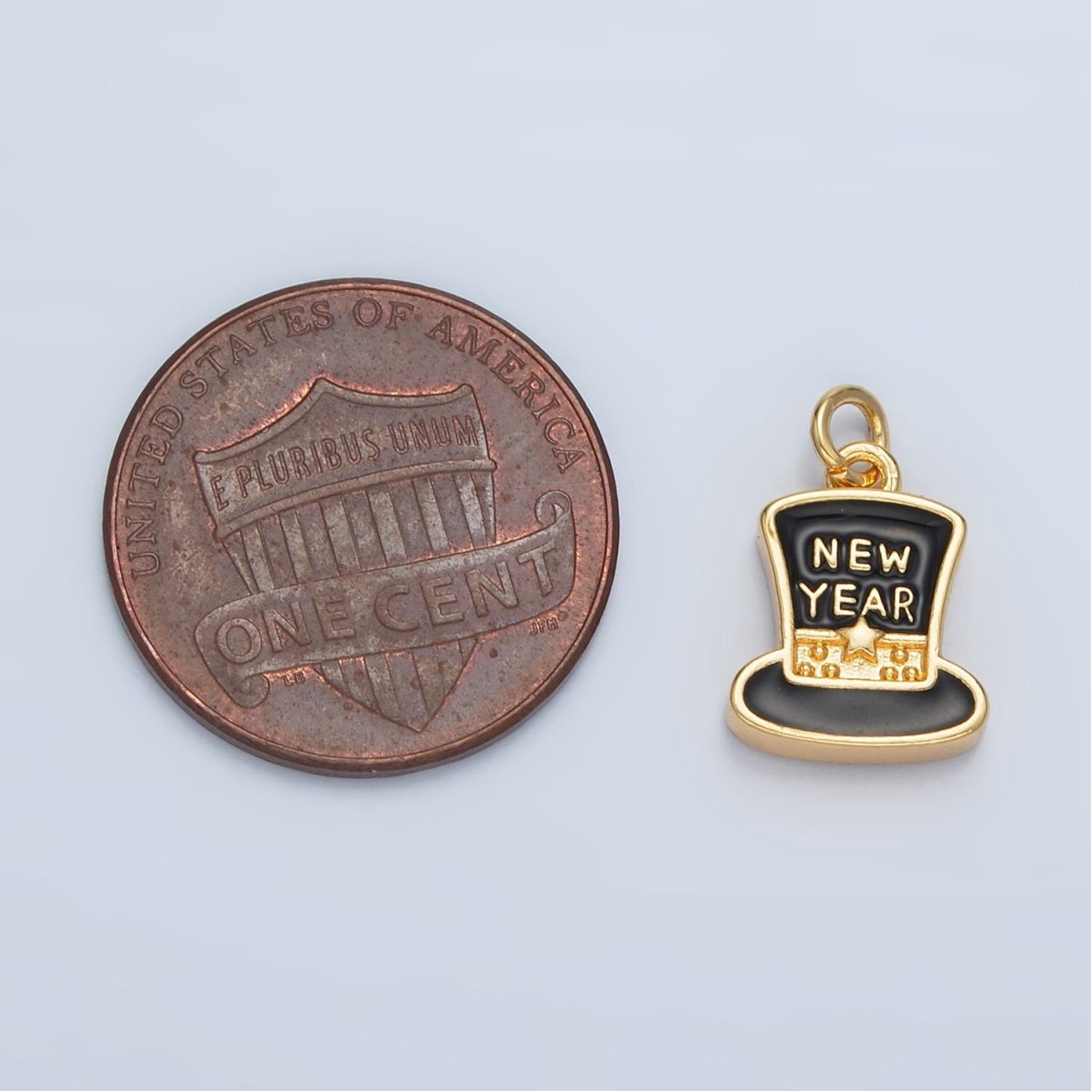 24K Gold Filled "New Year" Script Black Enamel Top Hat Charm in Gold & Silver | N862