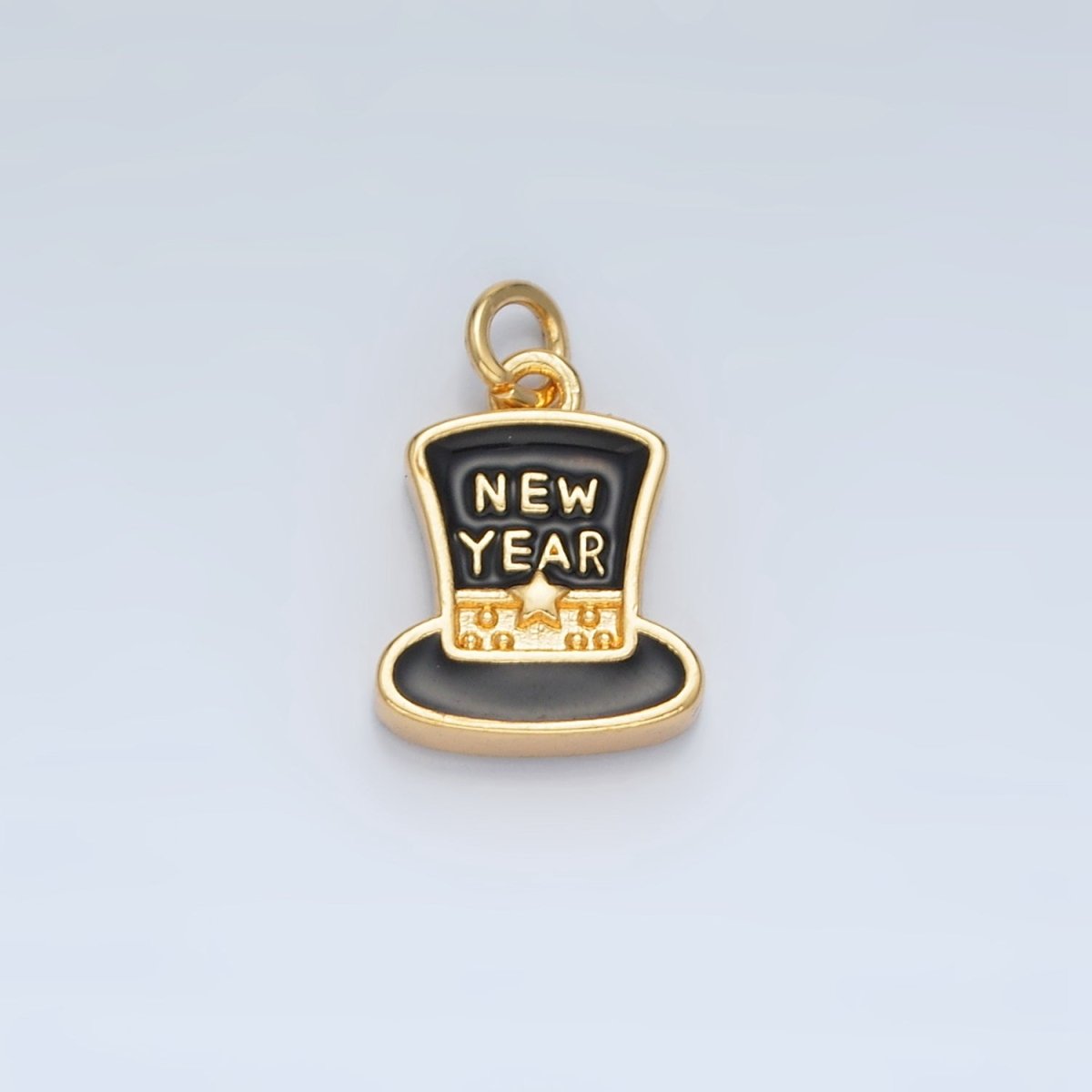 24K Gold Filled "New Year" Script Black Enamel Top Hat Charm in Gold & Silver | N862