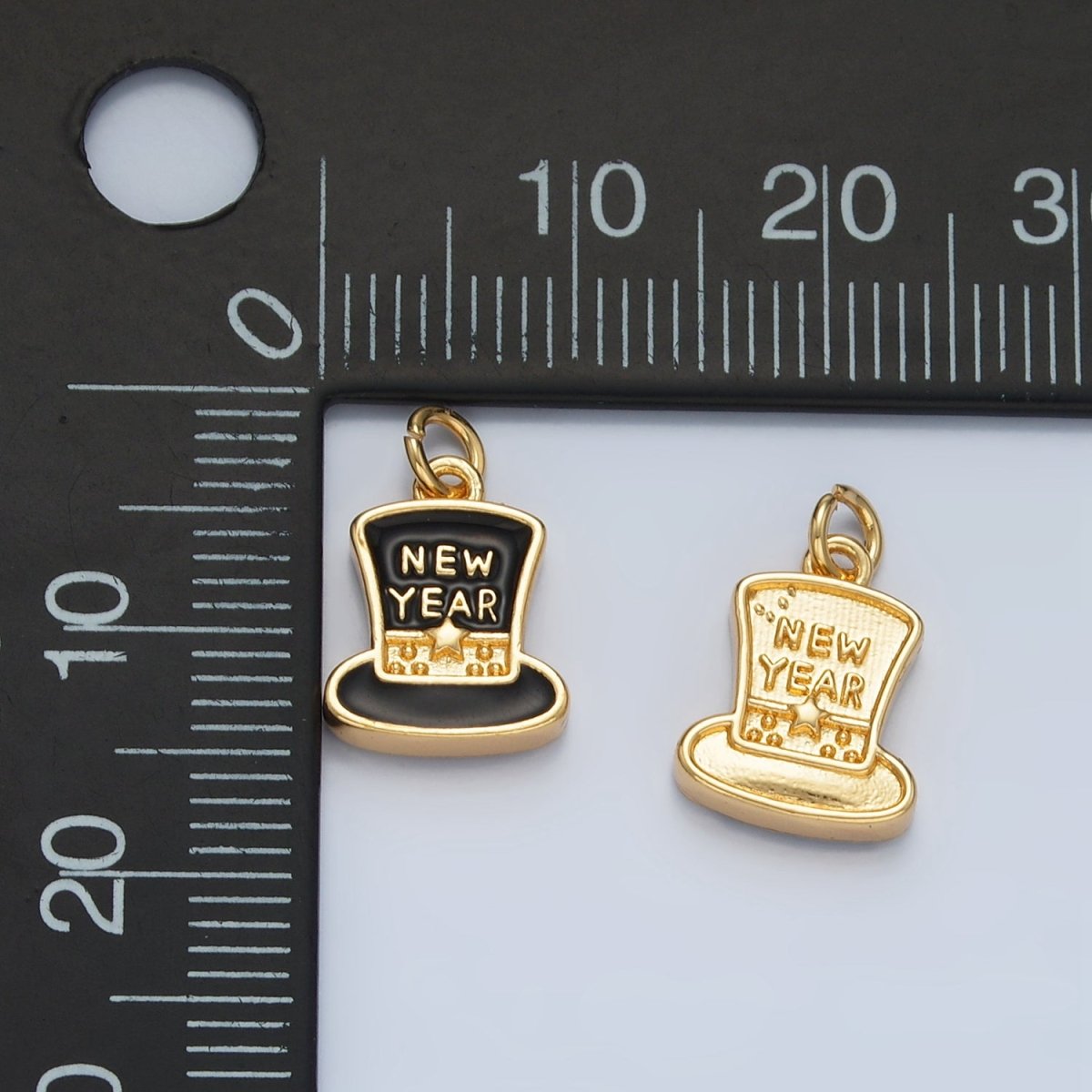 24K Gold Filled "New Year" Script Black Enamel Top Hat Charm in Gold & Silver | N862