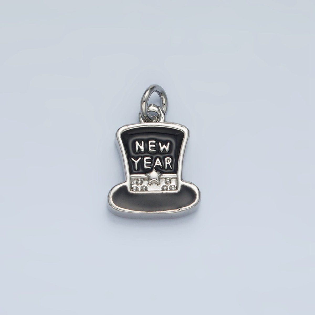 24K Gold Filled "New Year" Script Black Enamel Top Hat Charm in Gold & Silver | N862