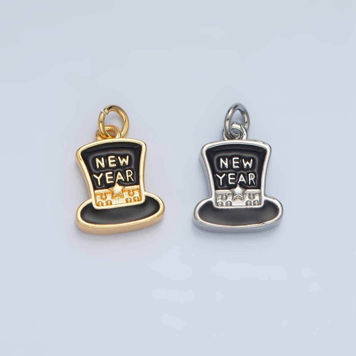 24K Gold Filled "New Year" Script Black Enamel Top Hat Charm in Gold & Silver | N862