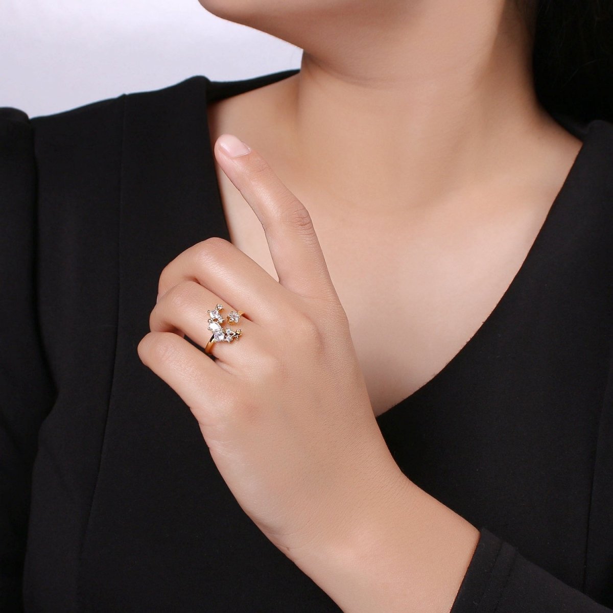 24k Gold Filled One Size Fits All Adjustable Moon Ring With Micro CZ Stones For Jewelry Making Supplies Celestial Jewelry R328 - DLUXCA