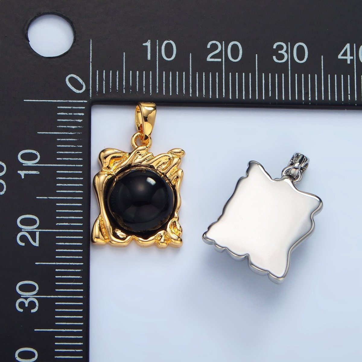 24K Gold Filled Onyx Gemstone Molten Drip Square Pendant in Gold & Silver | AA985