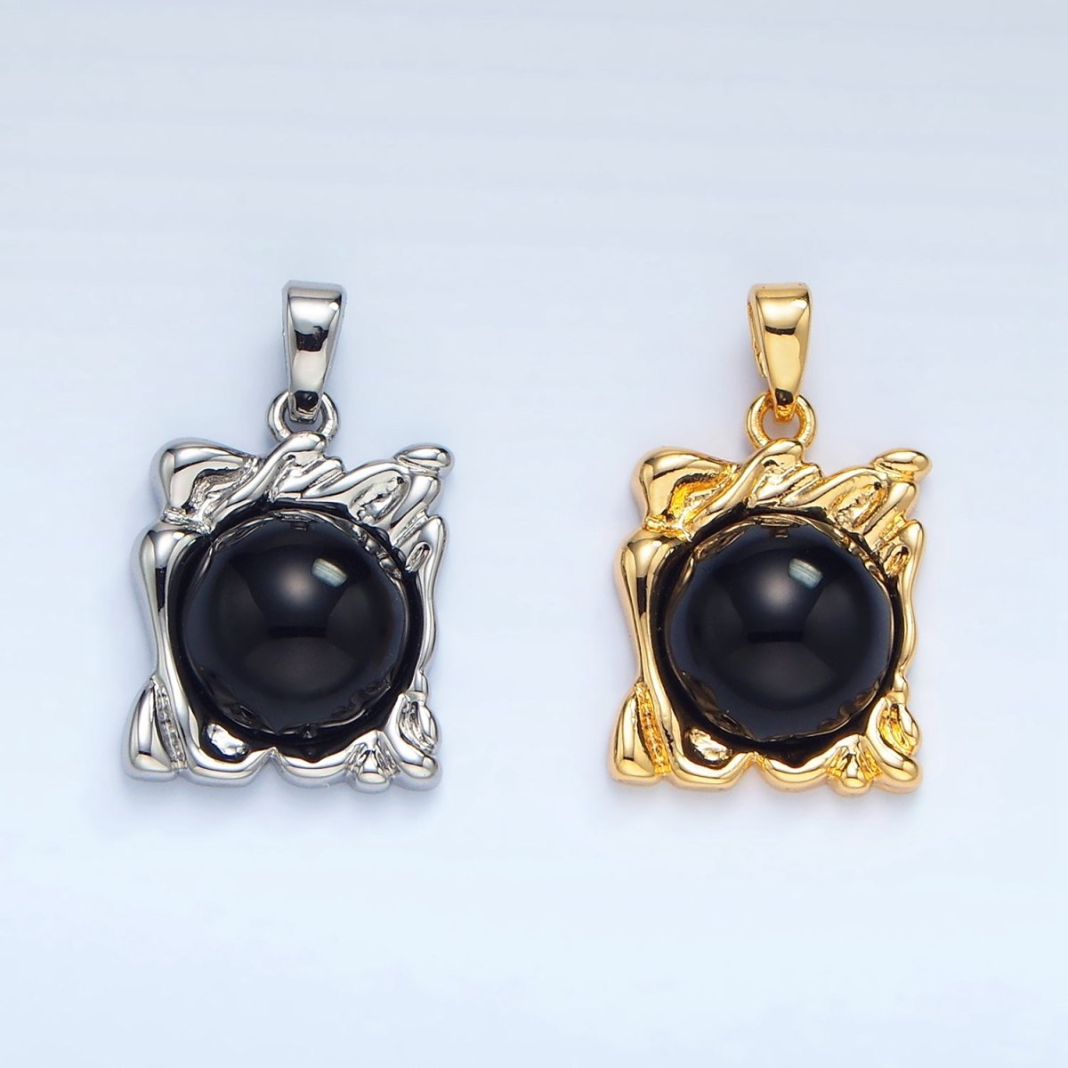 24K Gold Filled Onyx Gemstone Molten Drip Square Pendant in Gold & Silver | AA985