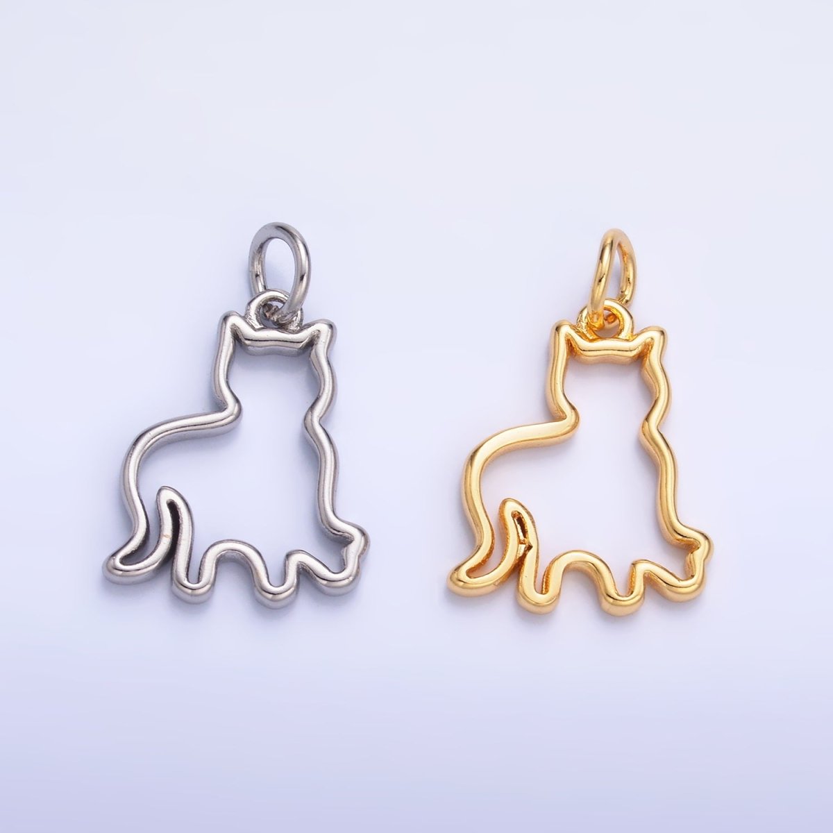 24K Gold Filled Open Cat Pet Silhouette Outline Charm in Gold & Silver | W397