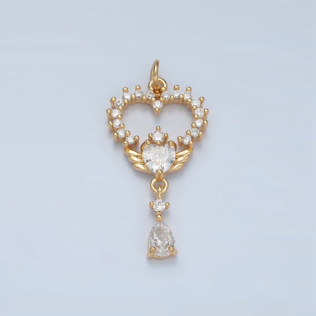 24K Gold Filled Open Clear CZ Heart Wings Teardrop Drop Charm | E689 - DLUXCA