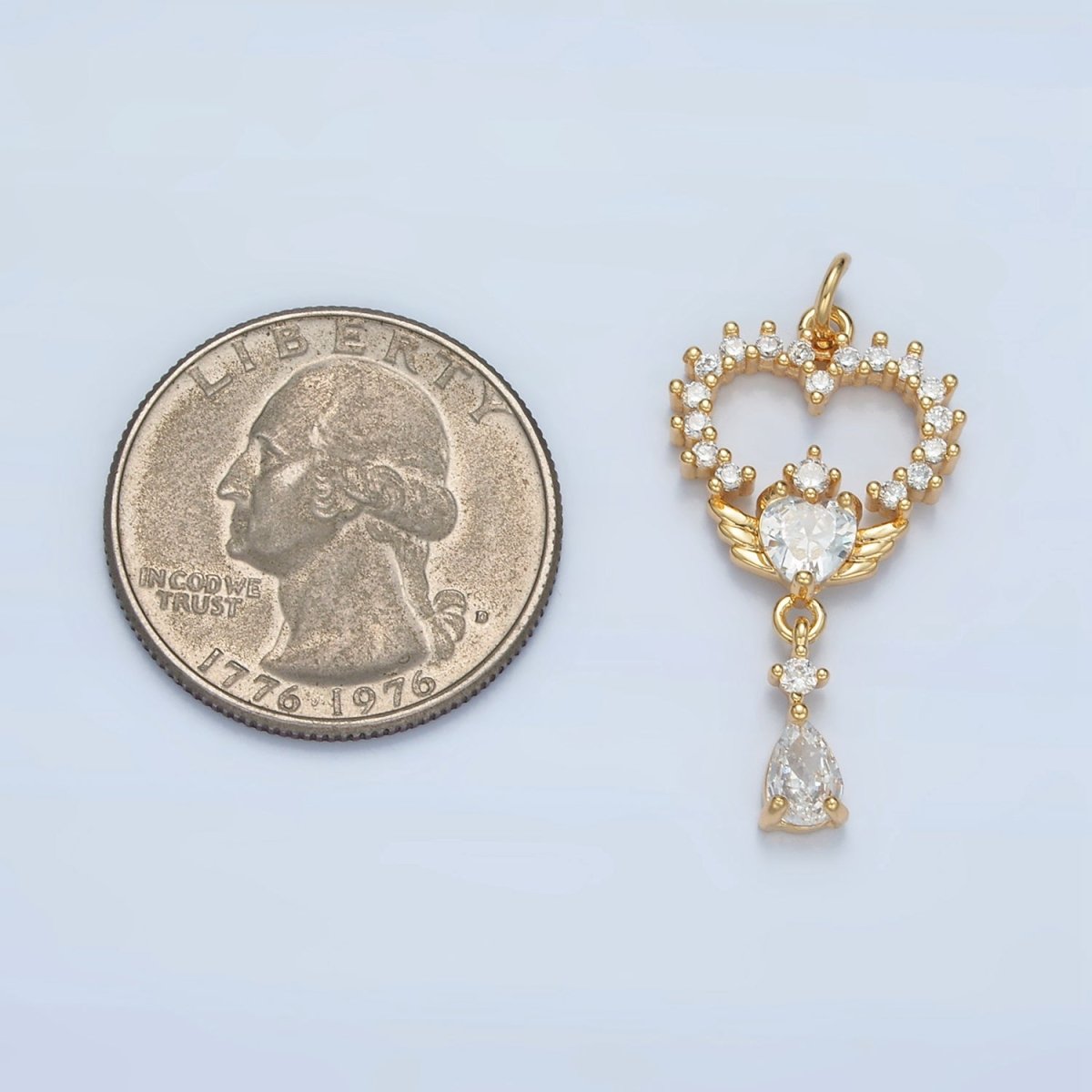 24K Gold Filled Open Clear CZ Heart Wings Teardrop Drop Charm | E689 - DLUXCA