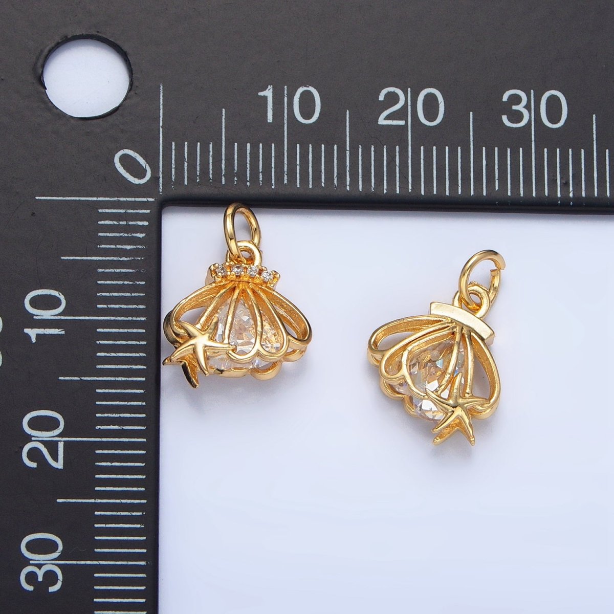 24K Gold Filled Open Clear CZ Starfish Sea Clam Shell Mini Charm | X741 - DLUXCA