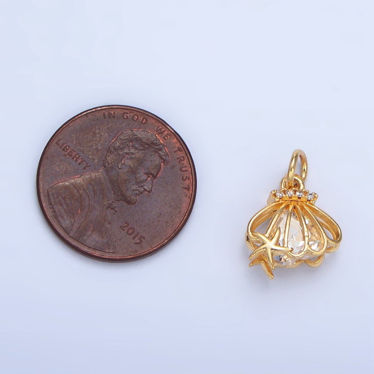 24K Gold Filled Open Clear CZ Starfish Sea Clam Shell Mini Charm | X741 - DLUXCA