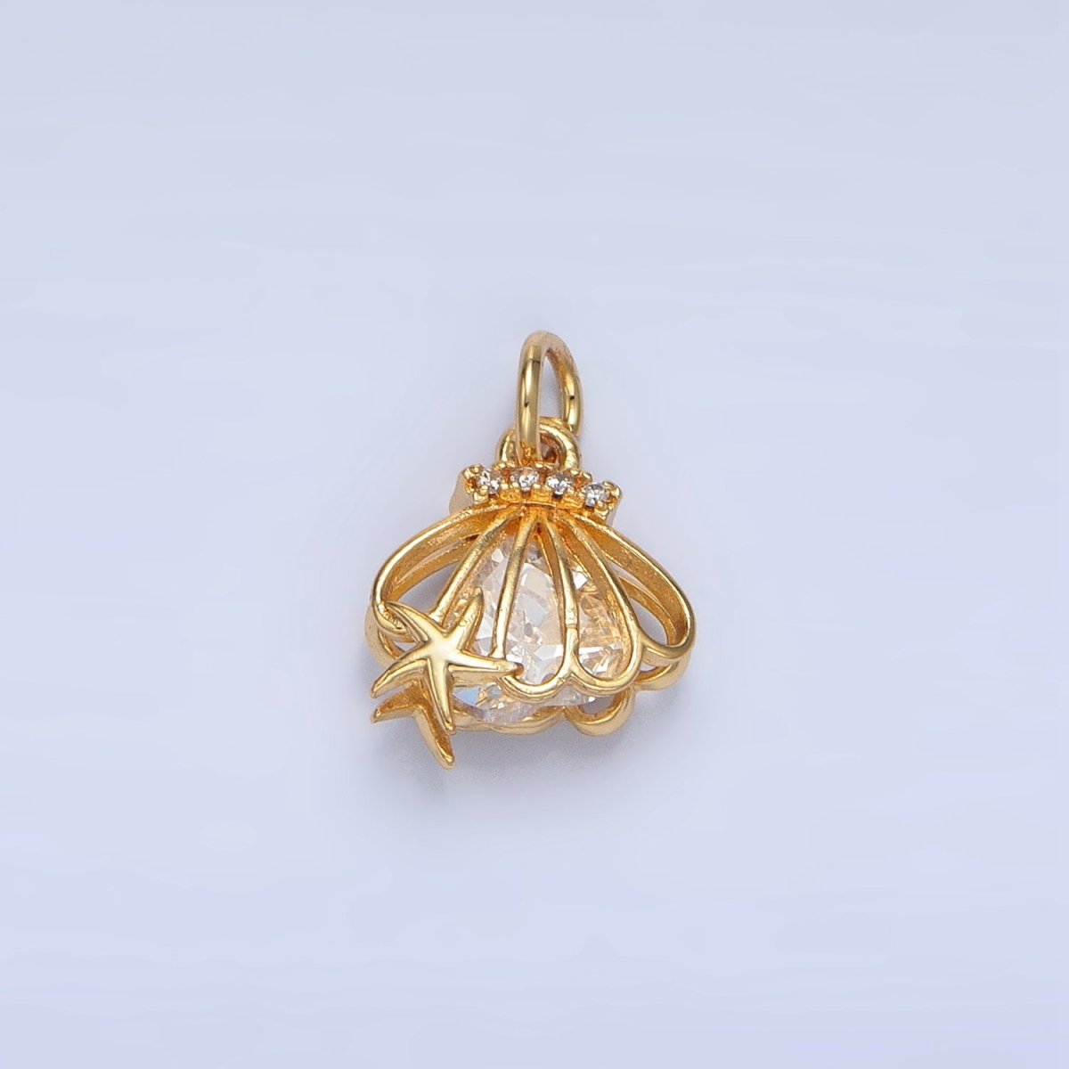 24K Gold Filled Open Clear CZ Starfish Sea Clam Shell Mini Charm | X741 - DLUXCA