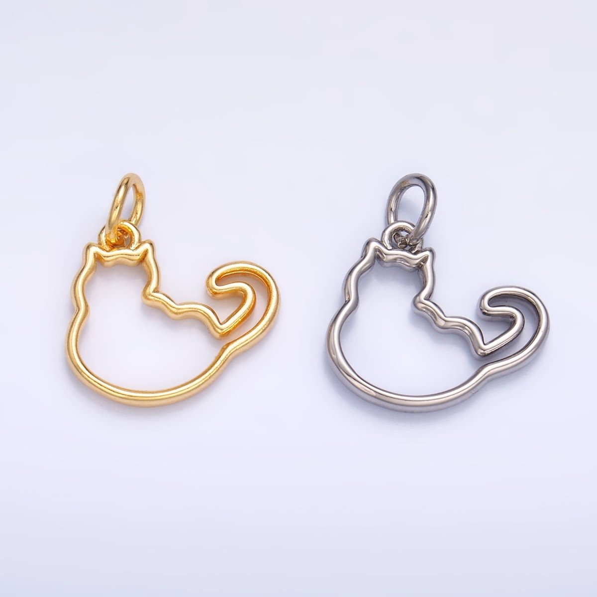 24K Gold Filled Open Fat Cat Pet Silhouette Outline Charm in Gold & Silver | W338