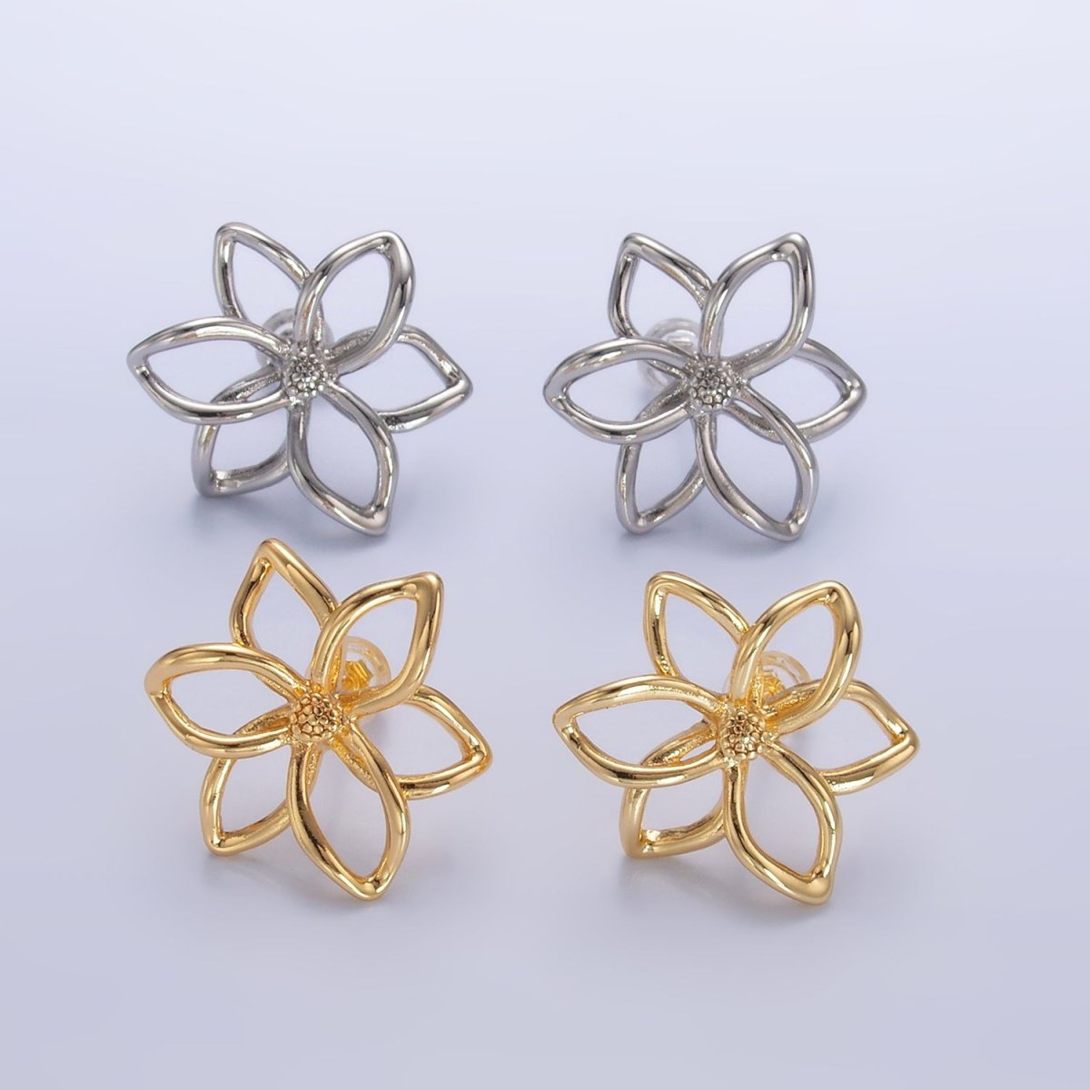 24K Gold Filled Open Floral Flower Stud Earrings in Gold & Silver | V-303 V-311