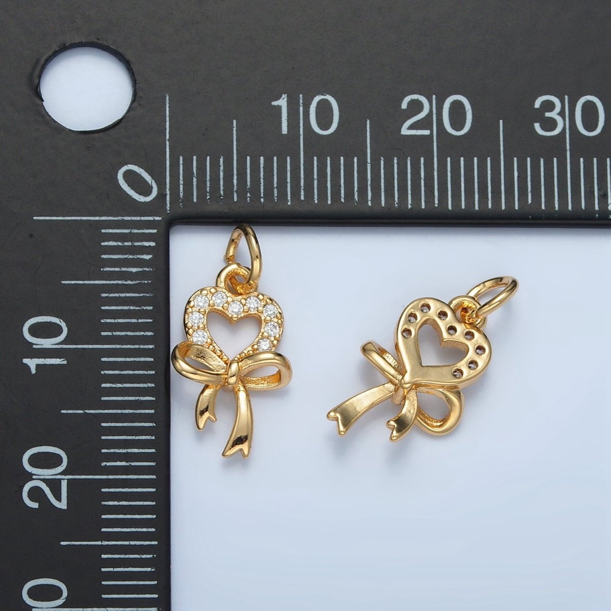 24K Gold Filled Open Micro Paved CZ Heart Bow Ribbon Drop Charm | E906 - DLUXCA