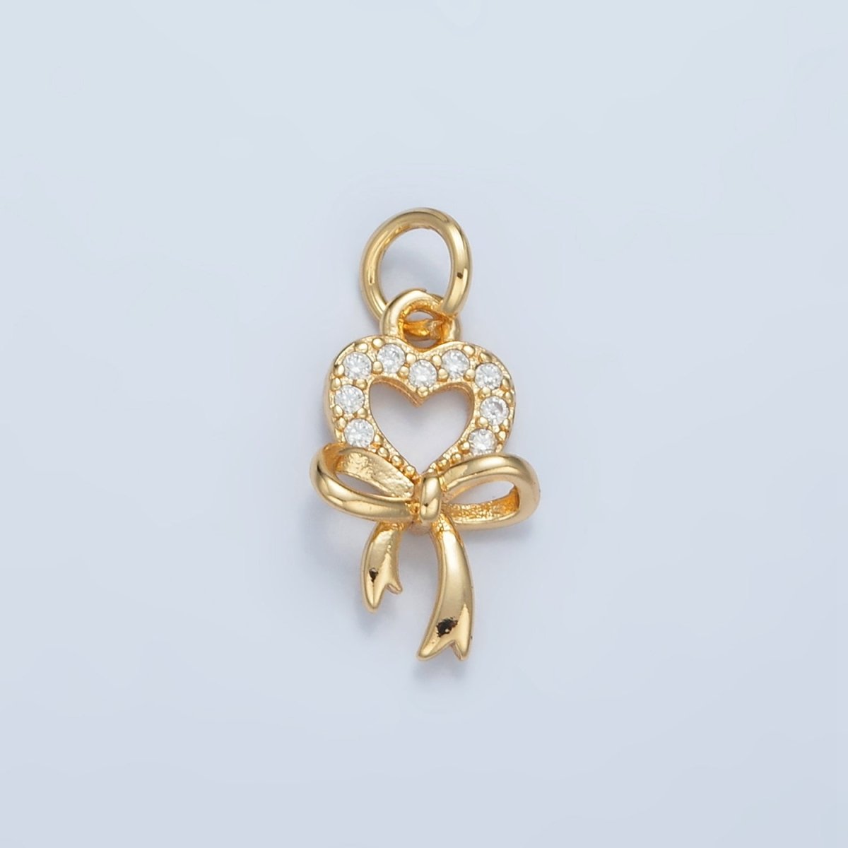 24K Gold Filled Open Micro Paved CZ Heart Bow Ribbon Drop Charm | E906 - DLUXCA