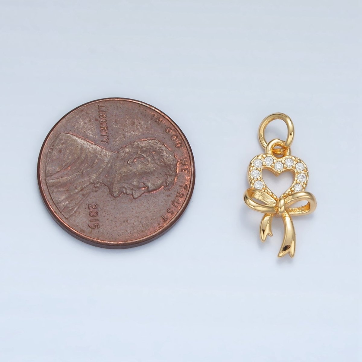 24K Gold Filled Open Micro Paved CZ Heart Bow Ribbon Drop Charm | E906 - DLUXCA