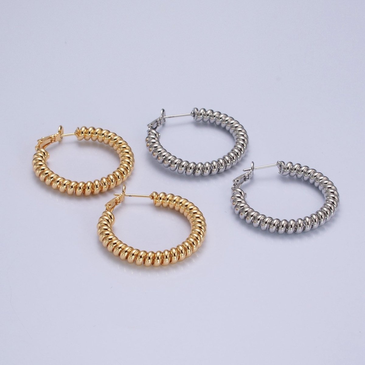 24K Gold Filled Open Spiral Cord Lever Back Hoop Earrings in Gold / Silver P-302 P-303