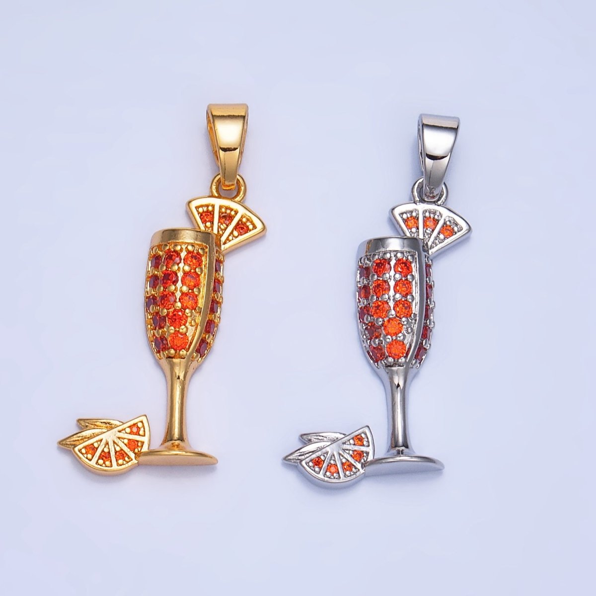 24K Gold Filled Orange Slice CZ Micro Paved Martini Alcoholic Drink Pendant in Gold & Silver | AA992
