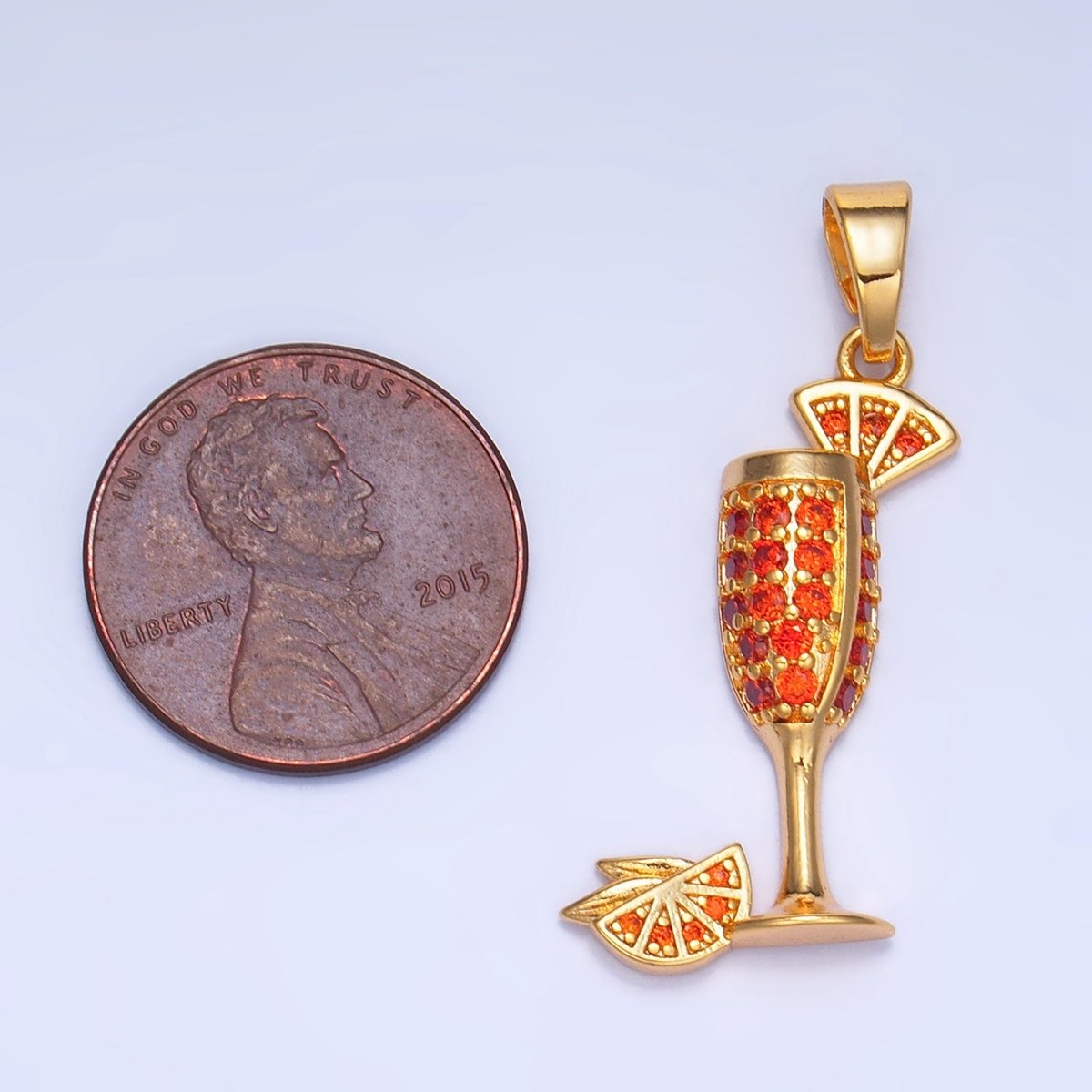 24K Gold Filled Orange Slice CZ Micro Paved Martini Alcoholic Drink Pendant in Gold & Silver | AA992