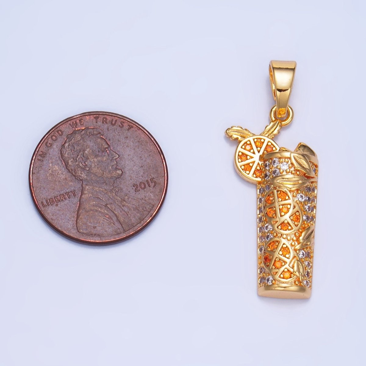 24K Gold Filled Orange Slice Juice Micro Paved CZ Drink Pendant in Gold & Silver | AA991