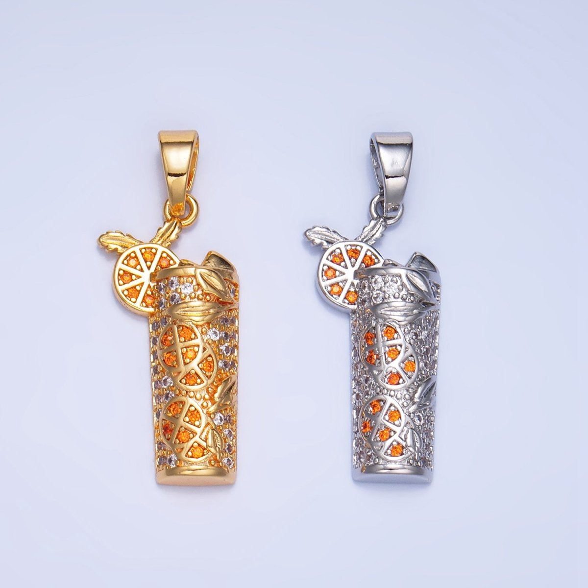 24K Gold Filled Orange Slice Juice Micro Paved CZ Drink Pendant in Gold & Silver | AA991
