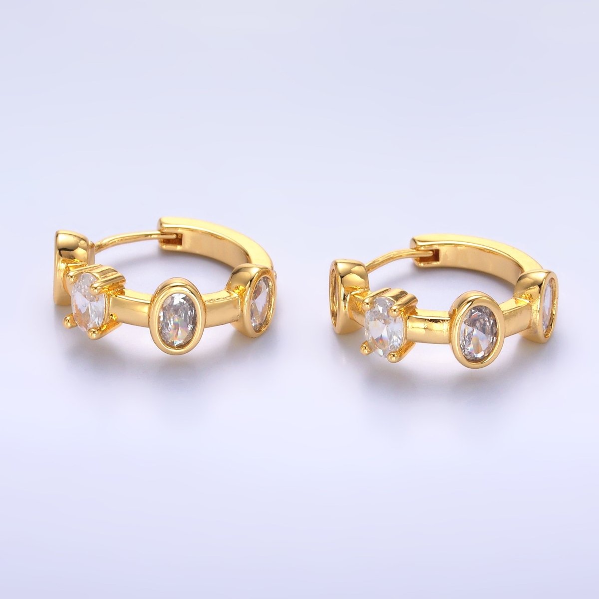 24K Gold Filled Oval CZ Bezel Huggie Hoop Earrings | V519 - DLUXCA