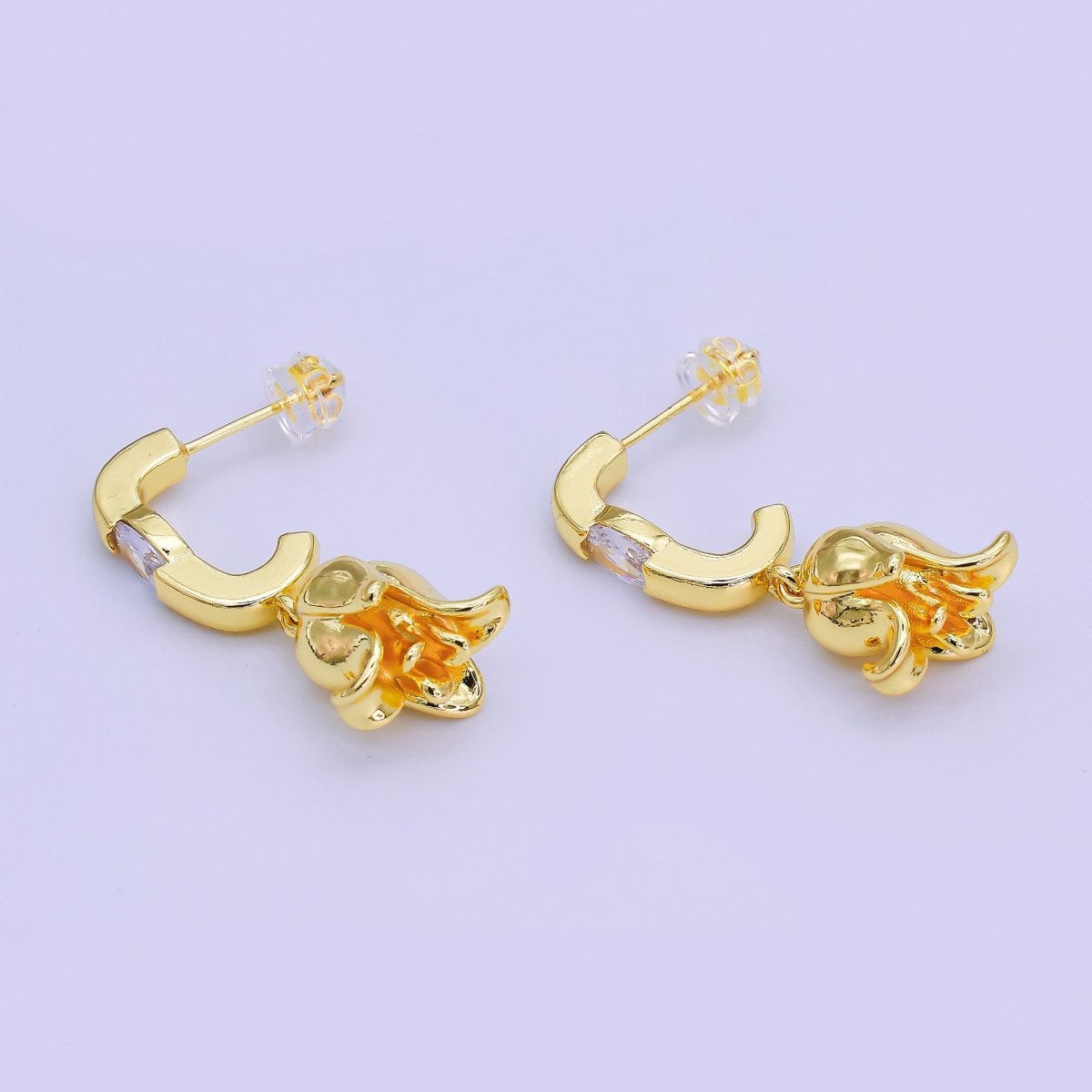24K Gold Filled Oval CZ Flower J - Shaped Drop Hoop Earrings | AI443 - DLUXCA