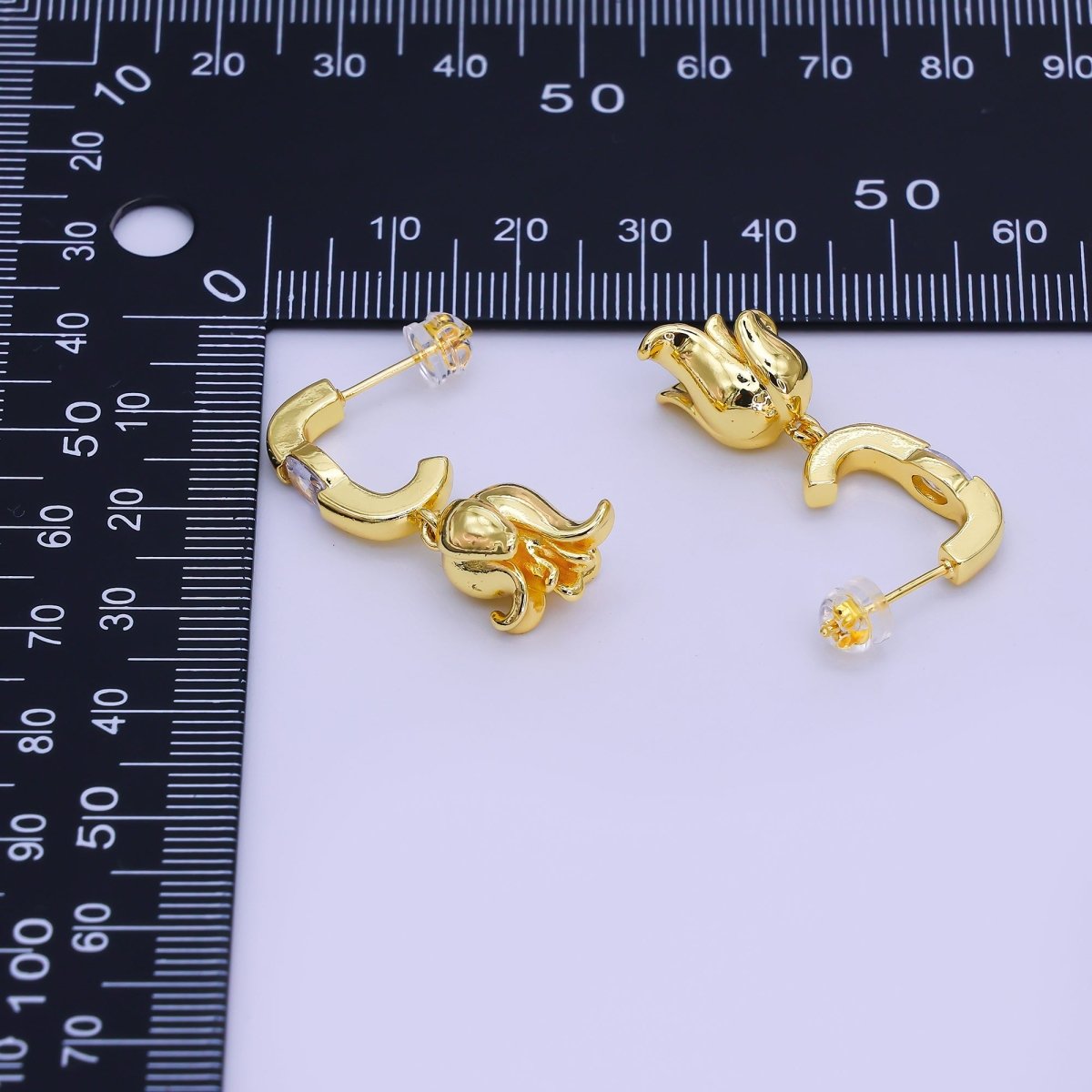 24K Gold Filled Oval CZ Flower J - Shaped Drop Hoop Earrings | AI443 - DLUXCA