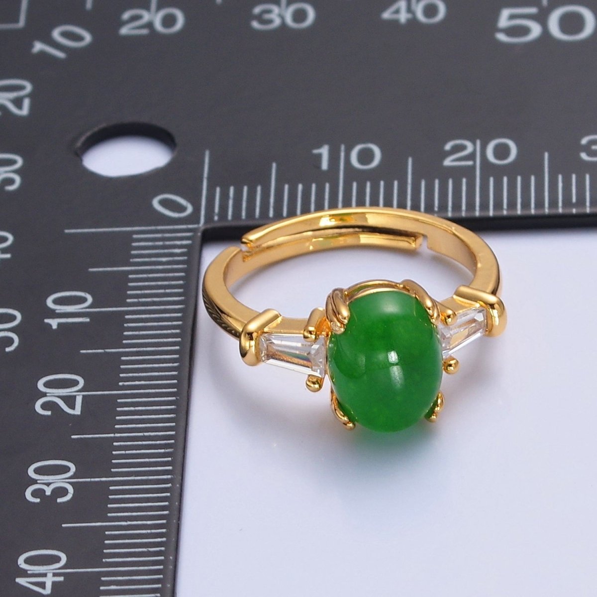 24K Gold Filled Oval Green Kade with Baguette CZ Statement Ring O-773 - DLUXCA