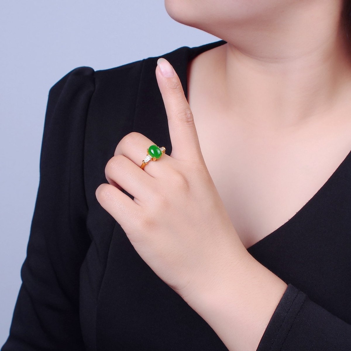 24K Gold Filled Oval Green Kade with Baguette CZ Statement Ring O-773 - DLUXCA