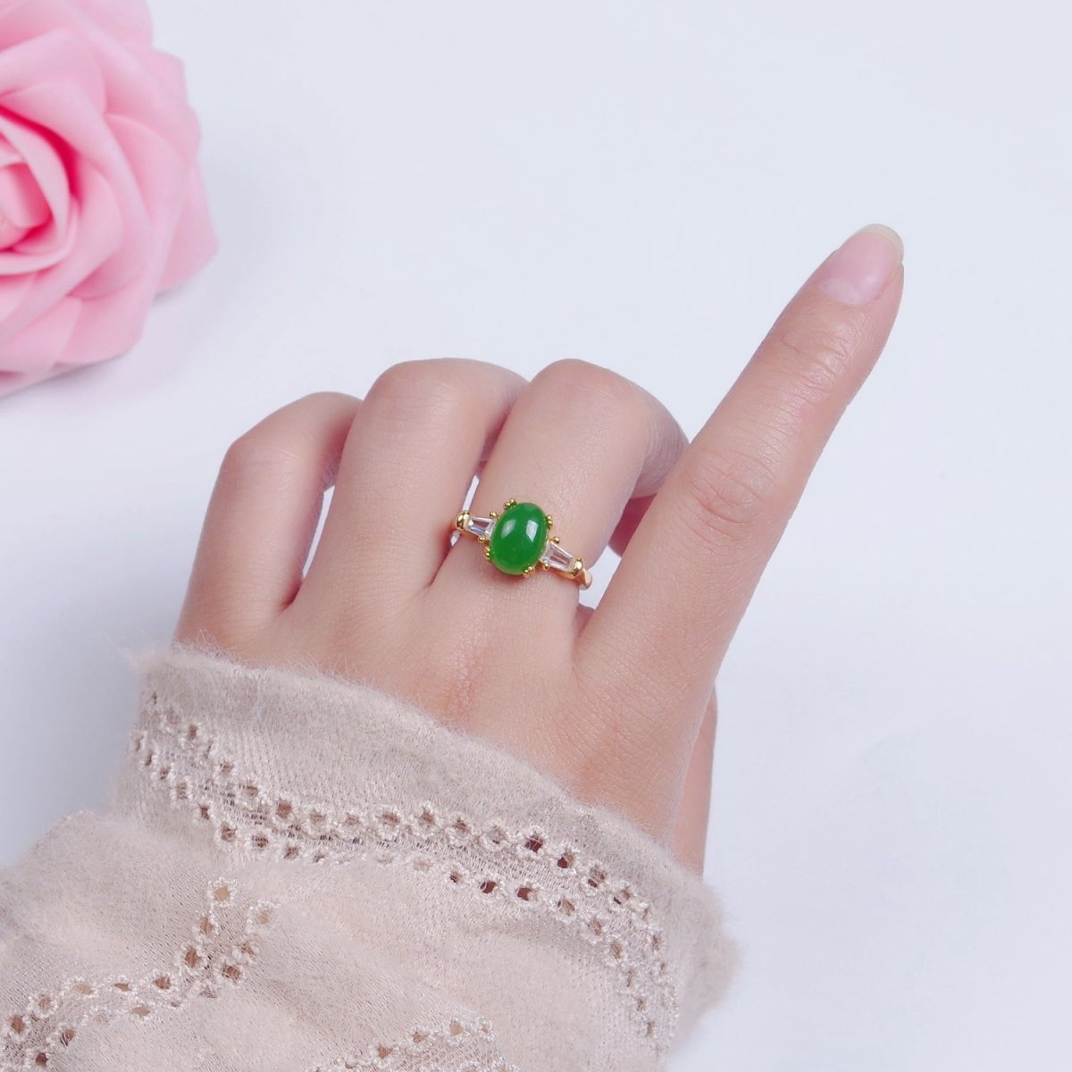 24K Gold Filled Oval Green Kade with Baguette CZ Statement Ring O-773 - DLUXCA