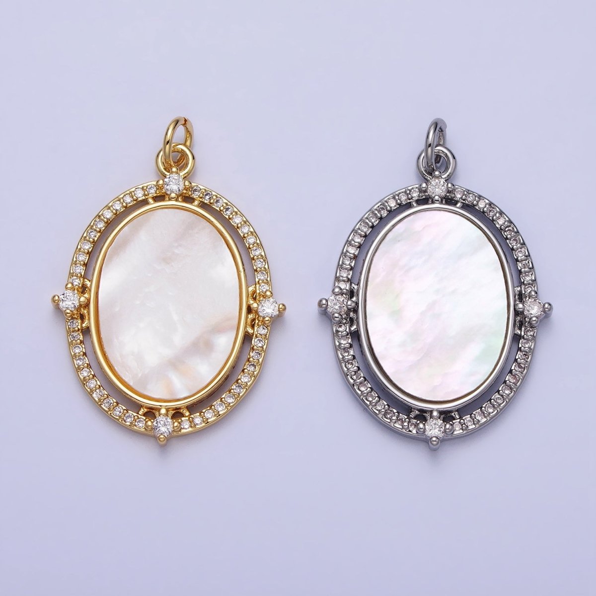 24K Gold Filled Oval Shell Pearl Clear Micro Paved CZ Charm in Gold & Silver | AC365 AC366