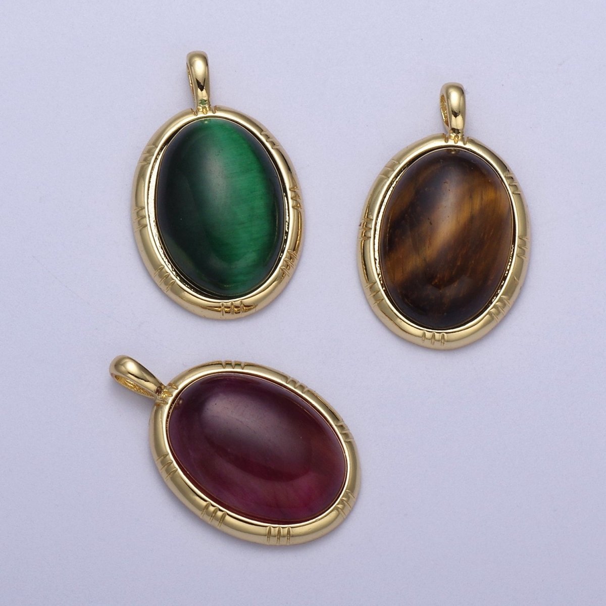 24K Gold Filled Oval Tiger Eye, Dark Green Aventurine, Fuchsia Agate Natural Healing Gemstone Pendant H-332 - H-334