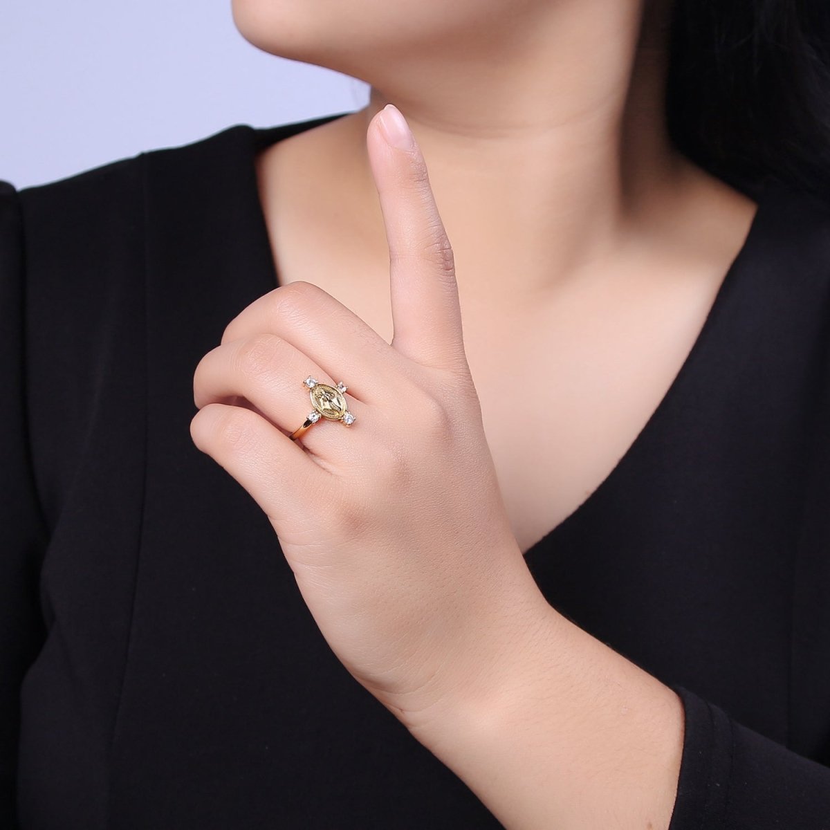 24K Gold Filled Oval Virgin Mary Ring, Crystal Zirconia CZ Adjustable Stacking Ring, Gift For Her | U-468 - DLUXCA