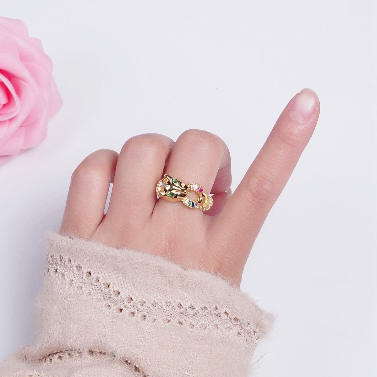 24K Gold Filled Panther Ring with Multicolor Cubic Zirconia O-791 - DLUXCA